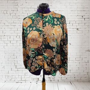 Ryegrass Women's Floral Green and Gold Blouse Button Front Balloon Sleeve